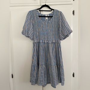 Brand new dress in checkered light blue and tan. Size large